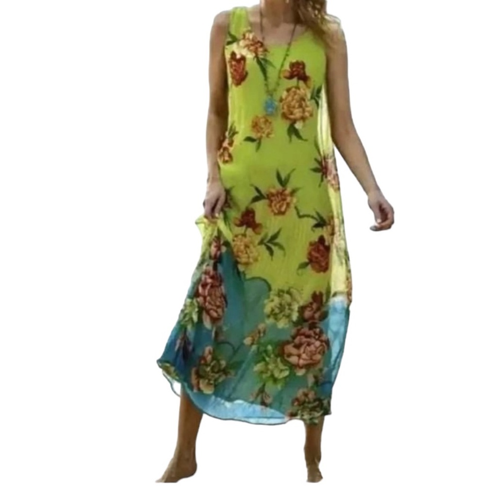 Soft Surroundings Lime/Aqua Tropical Floral Sleeveless "Tropez" Maxi Dress